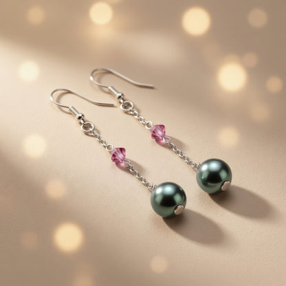 Swarovski Crystal & Czech Glass Emerald Night Green Pearl Dangle Earrings
