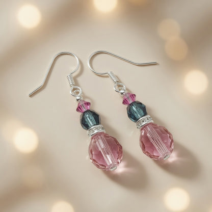 Pink Teal Crystal Drop Czech Glass & Swarovski Crystal Dangle Earrings