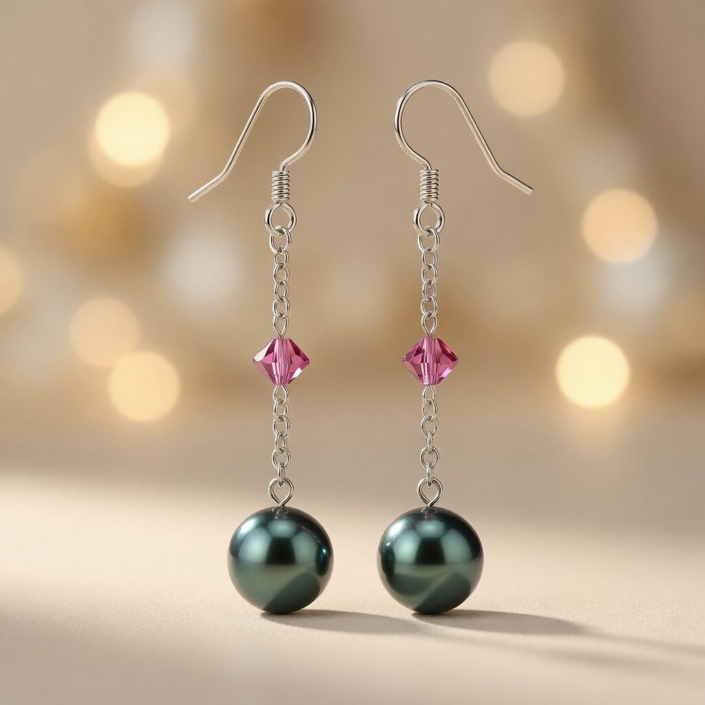 Swarovski Crystal & Czech Glass Emerald Night Green Pearl Dangle Earrings