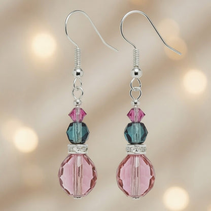 Pink Teal Crystal Drop Czech Glass & Swarovski Crystal Dangle Earrings