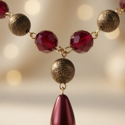Czech Glass Burgundy Whisper of Passion Beads Teardrop Necklace