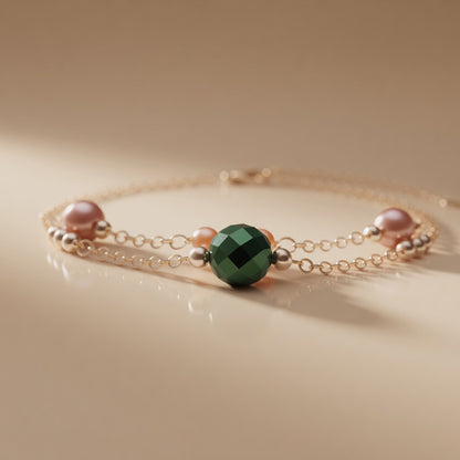 Orange Pearl Bracelet Green Czech Glass Bead Gold Chain Handmade
