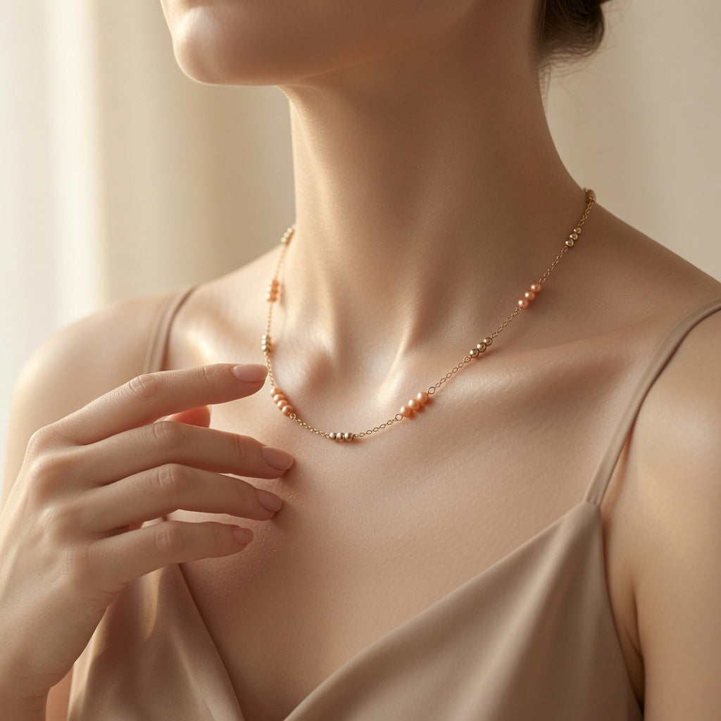 Czech Glass Peach Pearl Glow Chain Necklace Minimalist Layering Beaded Necklace