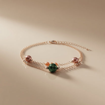 Orange Pearl Bracelet Green Czech Glass Bead Gold Chain Handmade