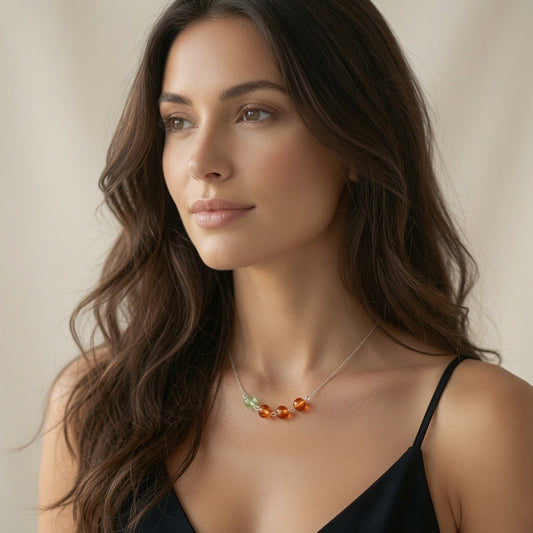 Ember of the Grove Dainty Czech Glass Bead Necklace with Green & Amber Faceted Beads
