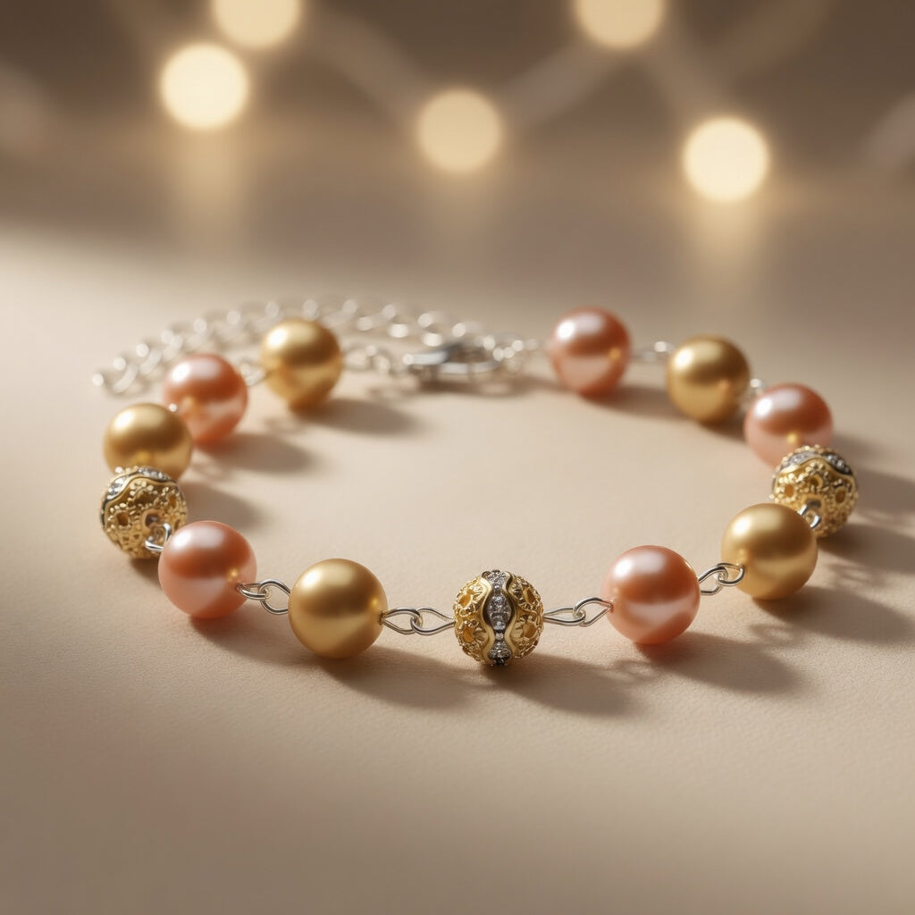 Czech Glass Glow of Bohemian Pearls Pink Gold Filigree Boho Bracelet