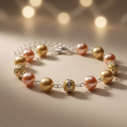 Czech Glass Glow of Bohemian Pearls Pink Gold Filigree Boho Bracelet