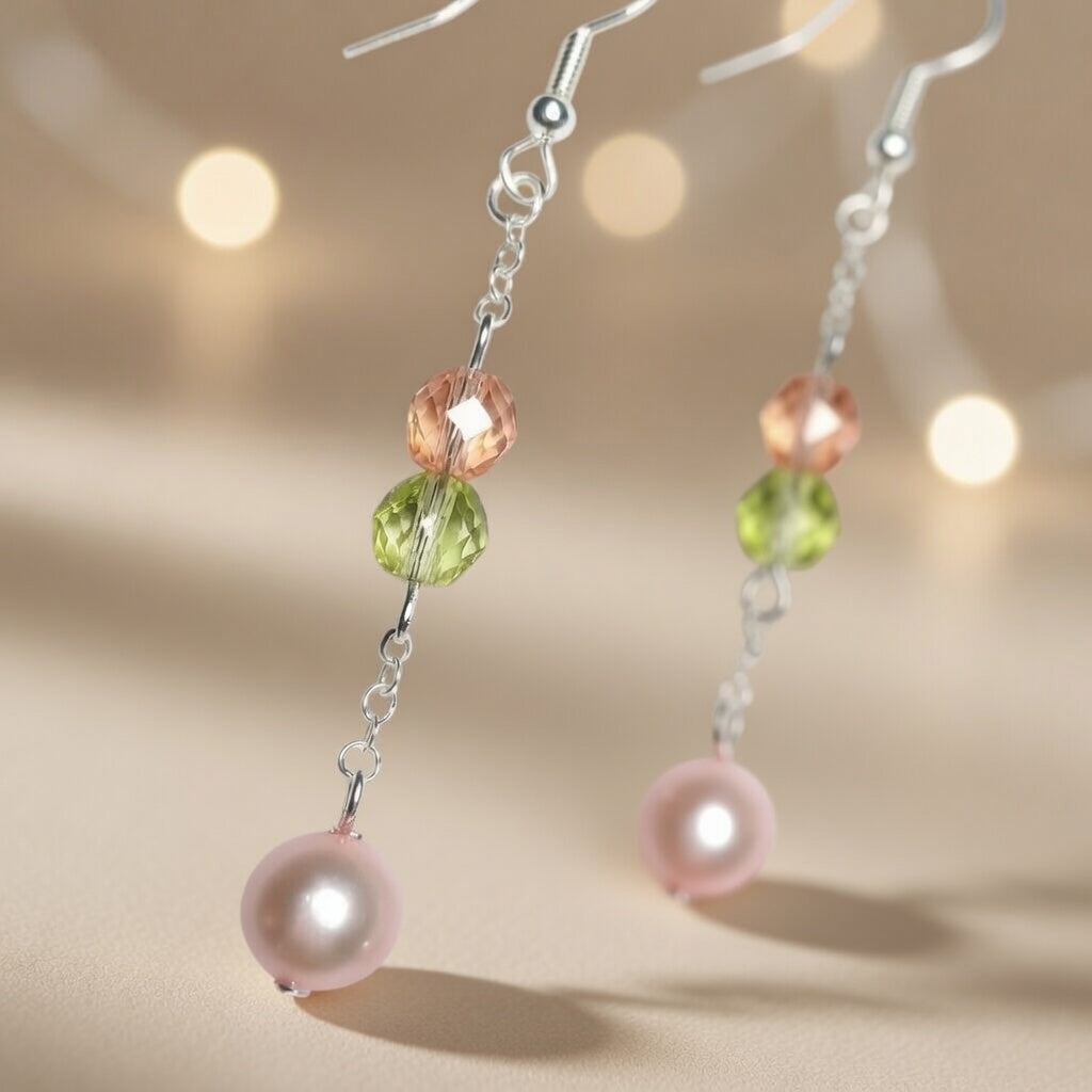 Czech Glass Rose Crystal Melody Pink Pearl Dangle Earrings