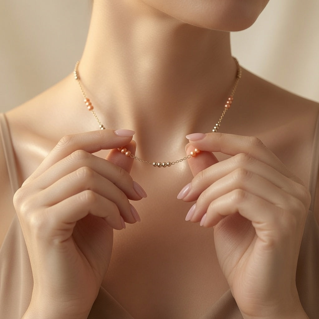 Czech Glass Peach Pearl Glow Chain Necklace Minimalist Layering Beaded Necklace