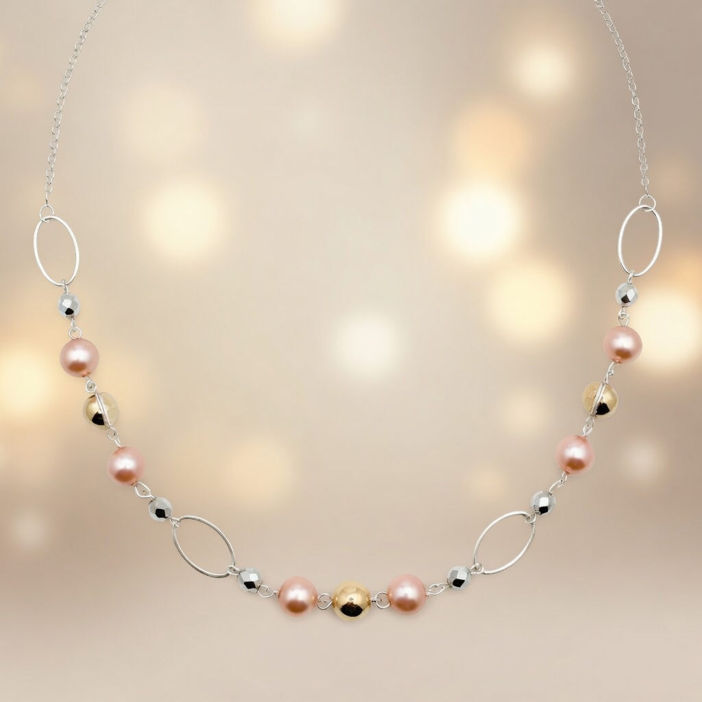 Czech Glass Peach Pearl Dawn Silver Oval Chain Boho Necklace