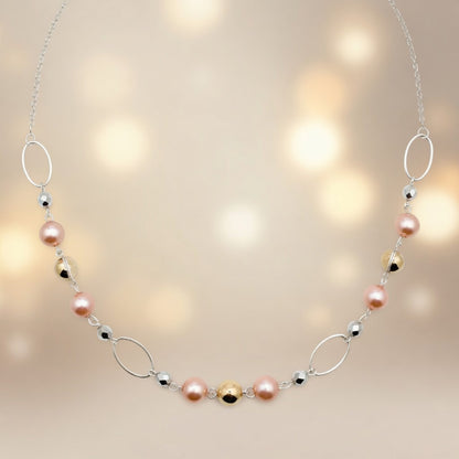 Czech Glass Peach Pearl Dawn Silver Oval Chain Boho Necklace