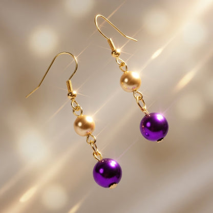 Czech Glass  Purple Gold Pearl Dangle Earrings