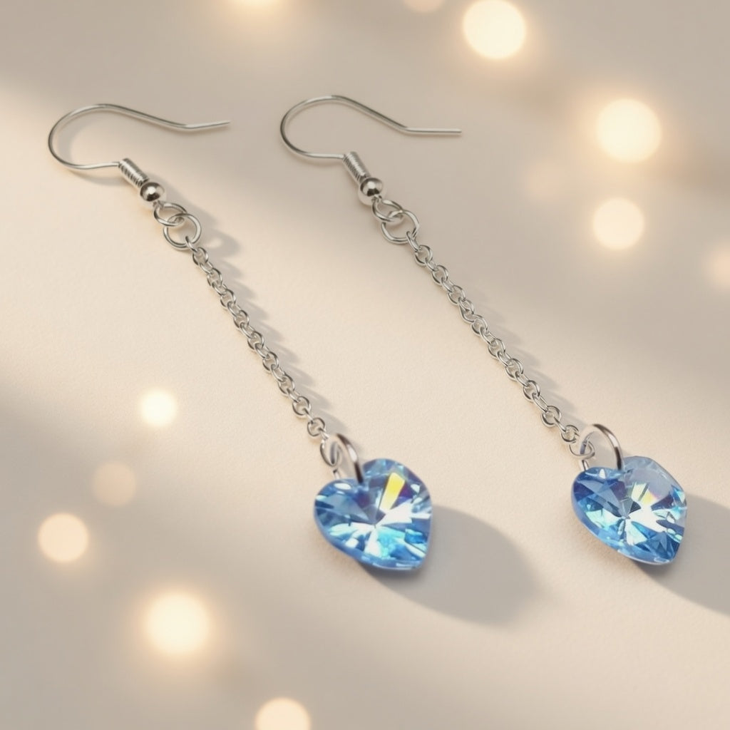 Swarovski Crystal Blue Heart Long Dangle Azure Flight Drop Earrings