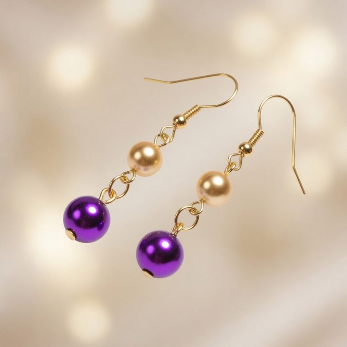 Czech Glass  Purple Gold Pearl Dangle Earrings