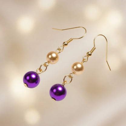 Czech Glass  Purple Gold Pearl Dangle Earrings