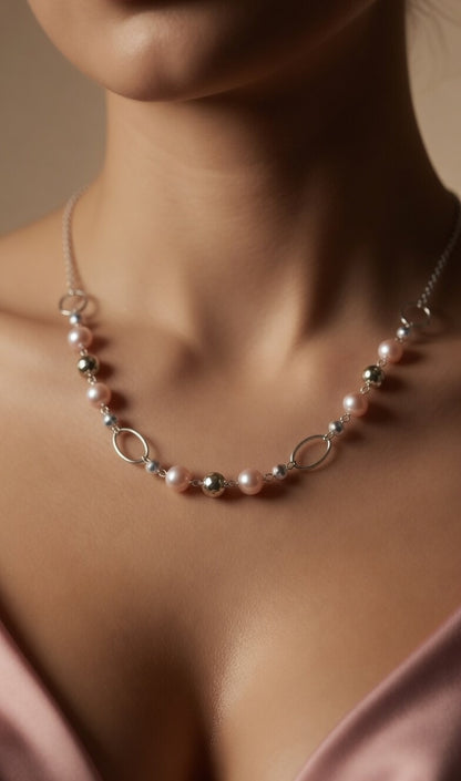 Czech Glass Peach Pearl Dawn Silver Oval Chain Boho Necklace