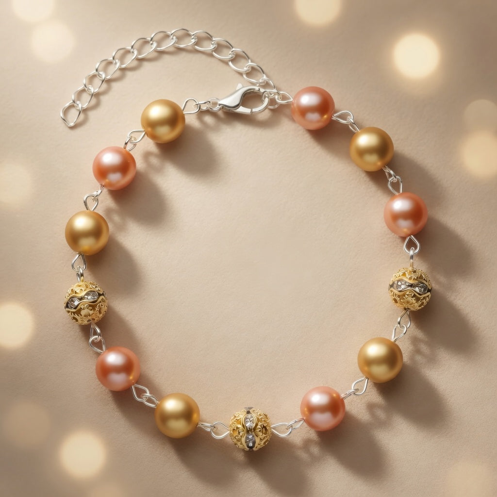 Czech Glass Glow of Bohemian Pearls Pink Gold Filigree Boho Bracelet