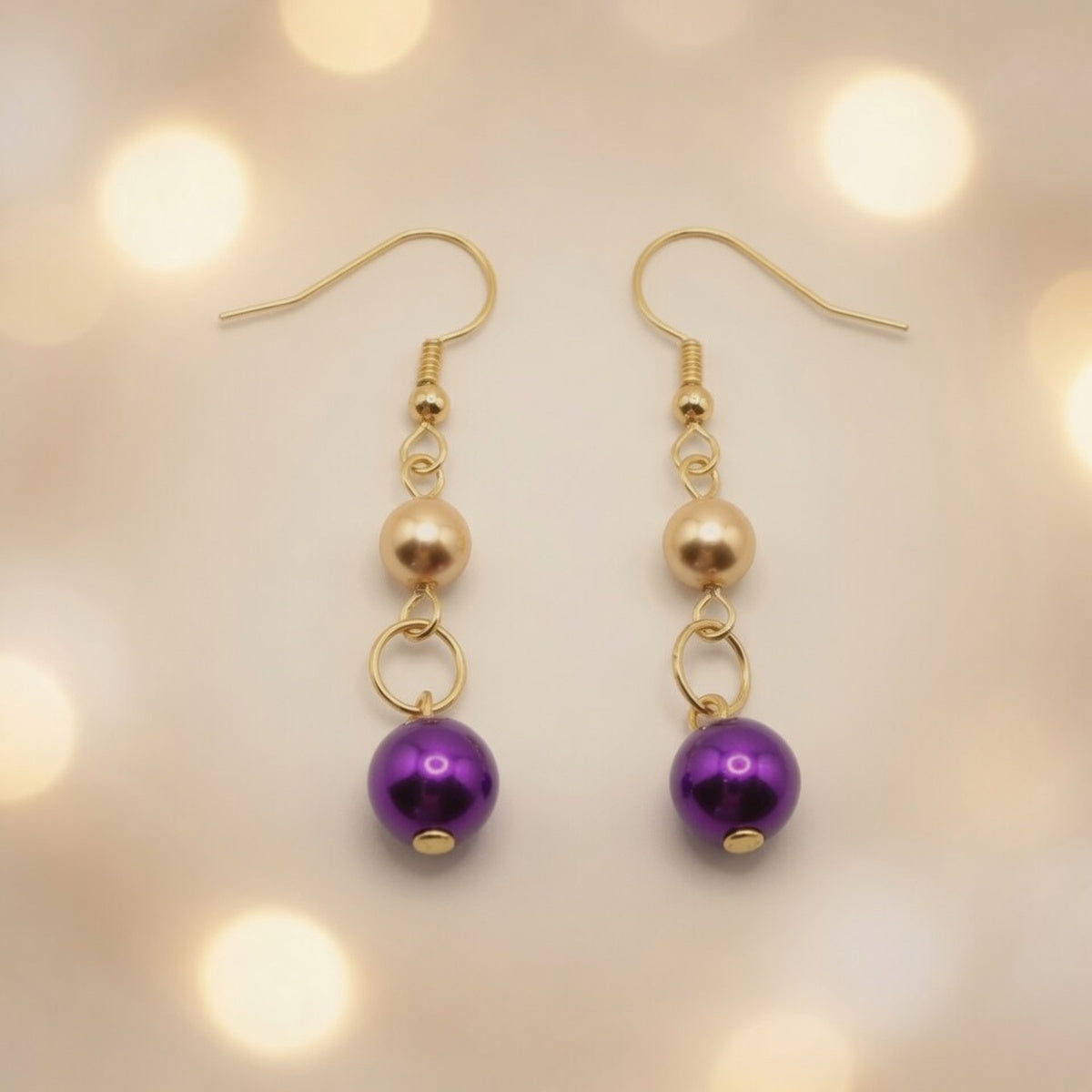 Czech Glass  Purple Gold Pearl Dangle Earrings