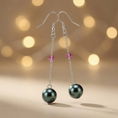 Swarovski Crystal & Czech Glass Emerald Night Green Pearl Dangle Earrings