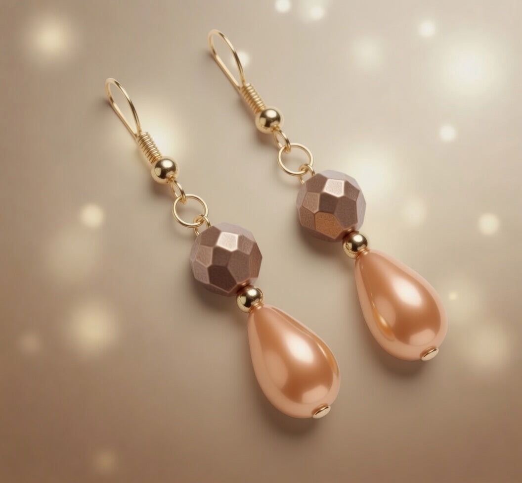 Czech Glass Amber Glow Orange Teardrop Dangle Earrings with Bronze Bead