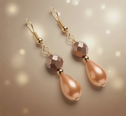 Czech Glass Amber Glow Orange Teardrop Dangle Earrings with Bronze Bead