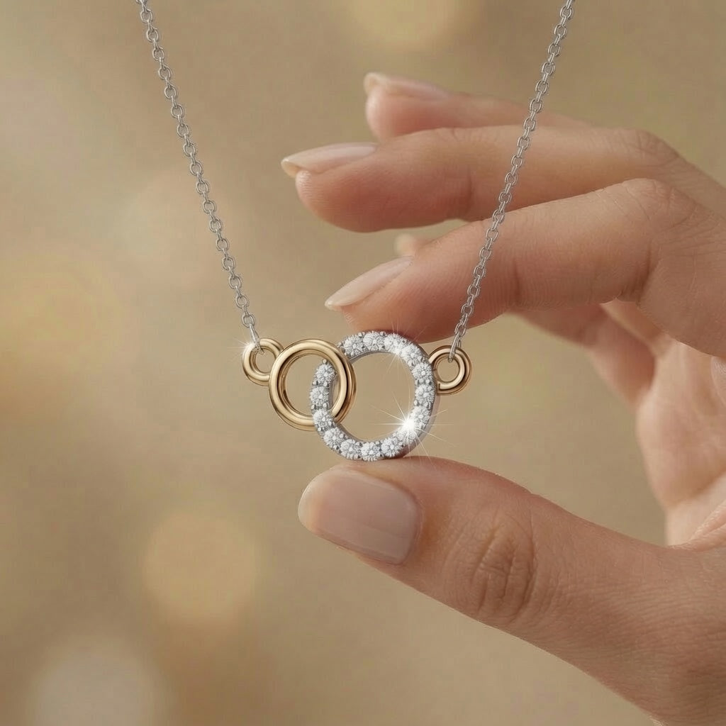 Gold Linked Circles Golden Interlock Radiance Necklace Czech Glass Crystal Pavé Pendant