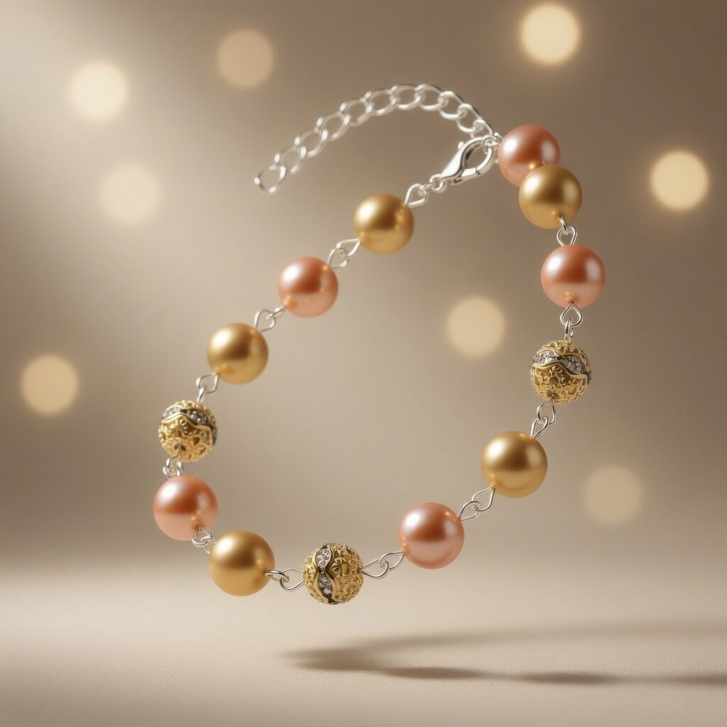 Czech Glass Glow of Bohemian Pearls Pink Gold Filigree Boho Bracelet