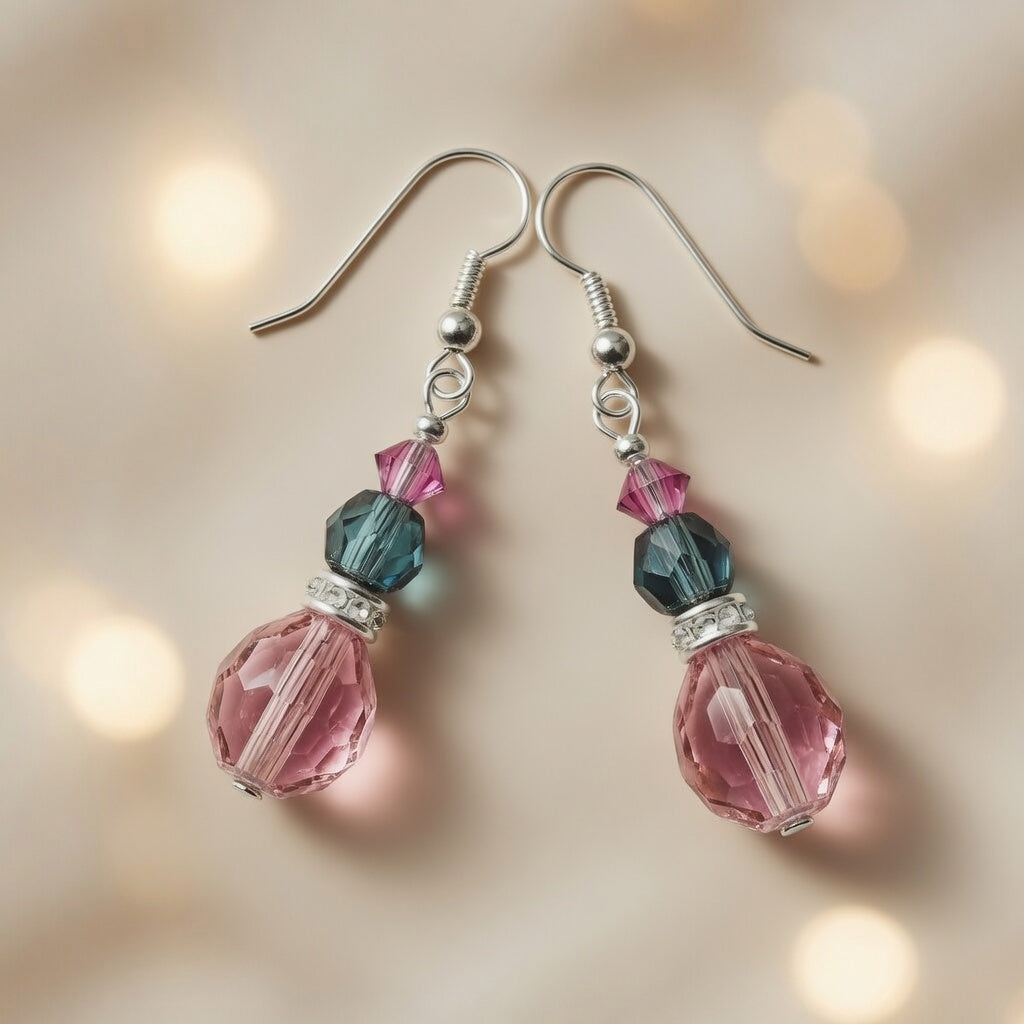 Pink Teal Crystal Drop Czech Glass & Swarovski Crystal Dangle Earrings