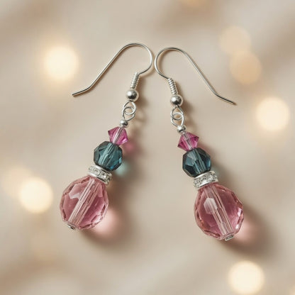 Pink Teal Crystal Drop Czech Glass & Swarovski Crystal Dangle Earrings