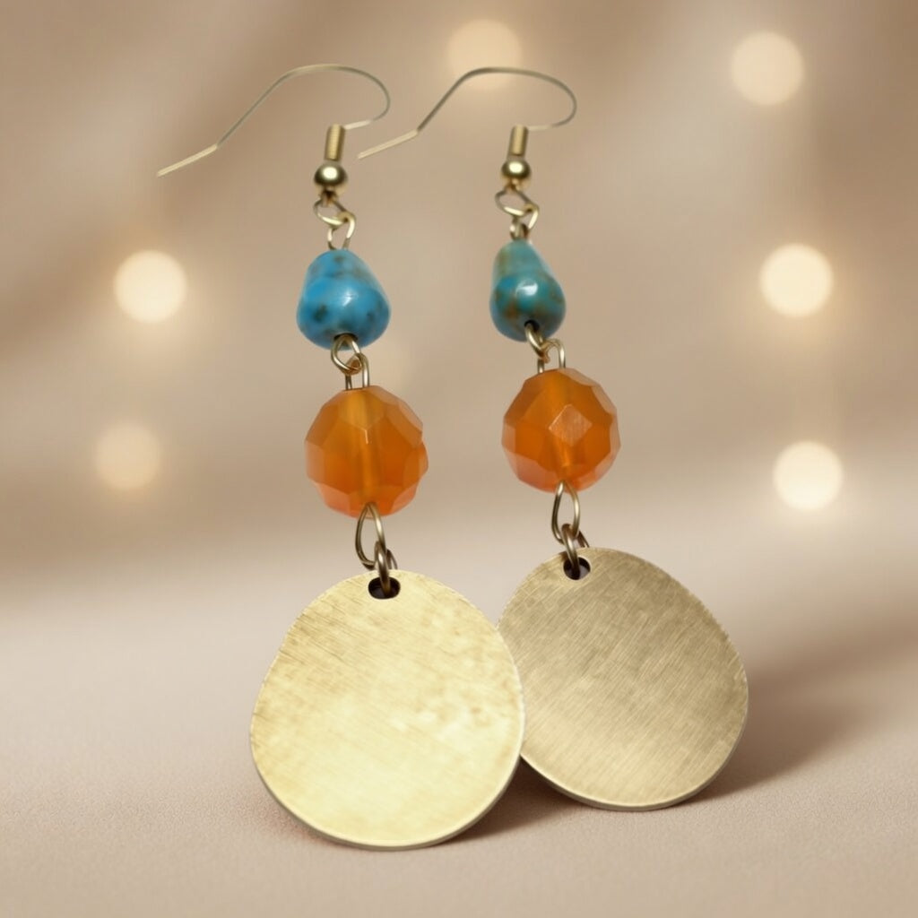 Czech Glass Golden Oasis Boho Turquoise & Glass Amber Beads Earrings