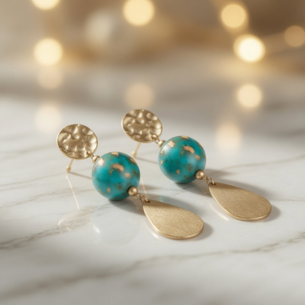 Czech Glass Golden Turquoise Dangle Earrings Gold Hammered Teardrop