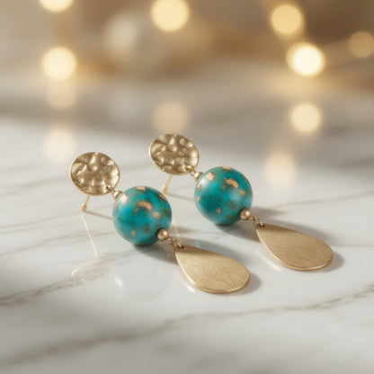 Czech Glass Golden Turquoise Dangle Earrings Gold Hammered Teardrop