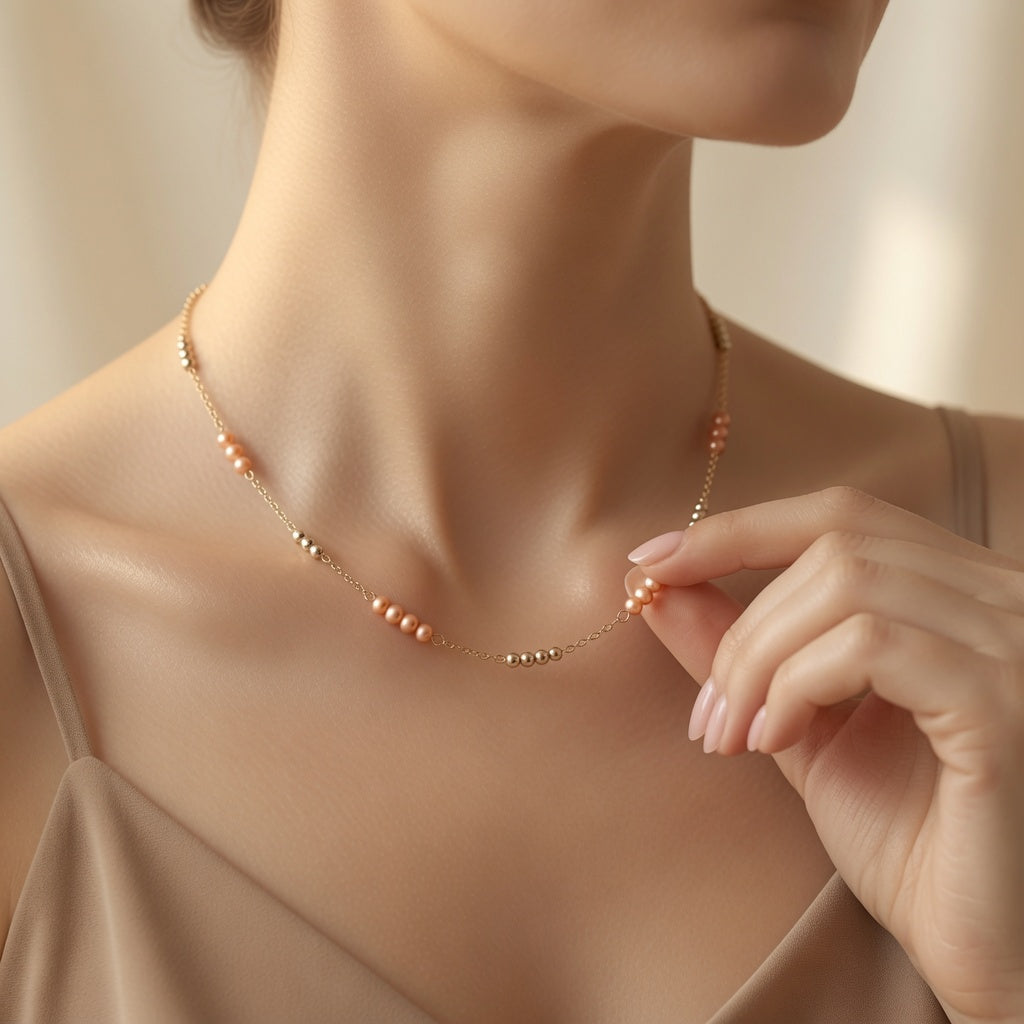 Czech Glass Peach Pearl Glow Chain Necklace Minimalist Layering Beaded Necklace