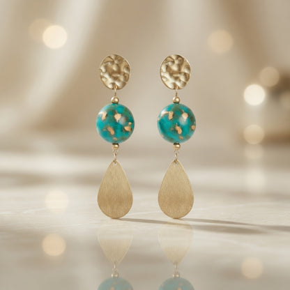 Czech Glass Golden Turquoise Dangle Earrings Gold Hammered Teardrop