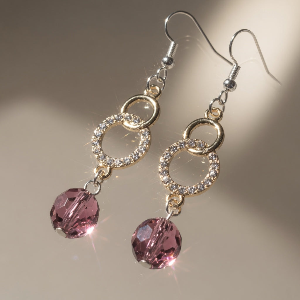 Purple Czech Glass Dangle Earrings Gold Crystal Linked Circle Drop Earrings