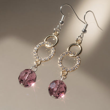 Purple Czech Glass Dangle Earrings Gold Crystal Linked Circle Drop Earrings