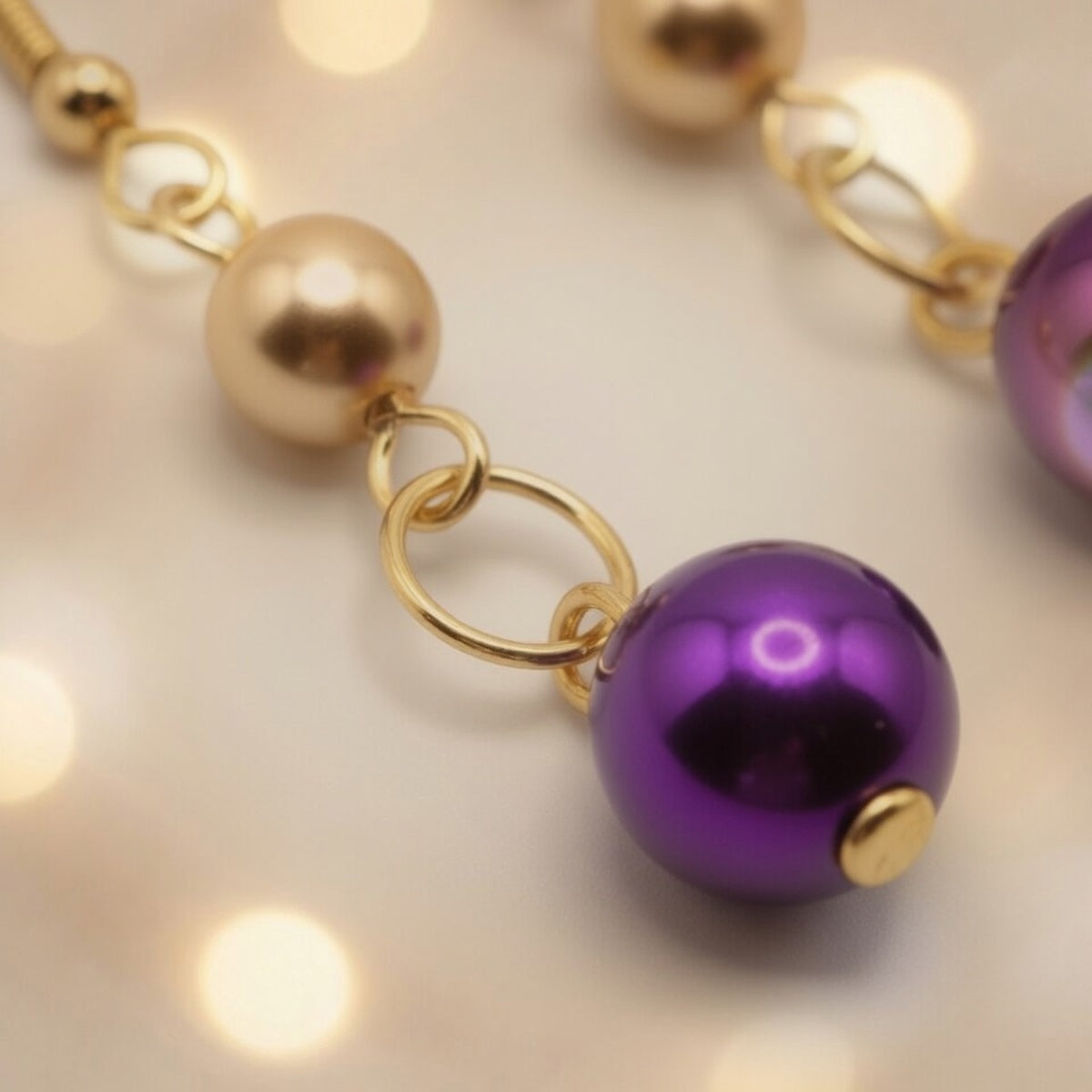 Czech Glass  Purple Gold Pearl Dangle Earrings