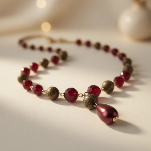 Czech Glass Burgundy Whisper of Passion Beads Teardrop Necklace