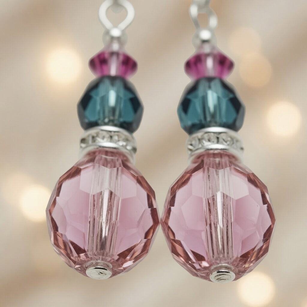 Pink Teal Crystal Drop Czech Glass & Swarovski Crystal Dangle Earrings