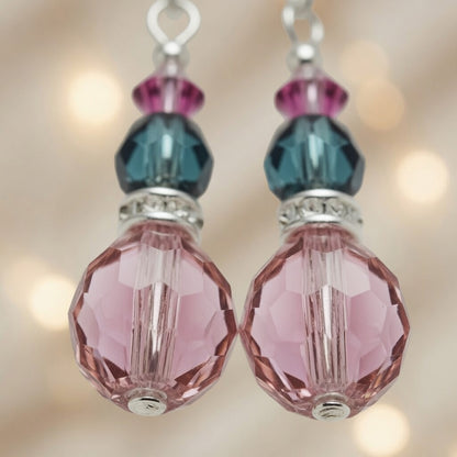 Pink Teal Crystal Drop Czech Glass & Swarovski Crystal Dangle Earrings