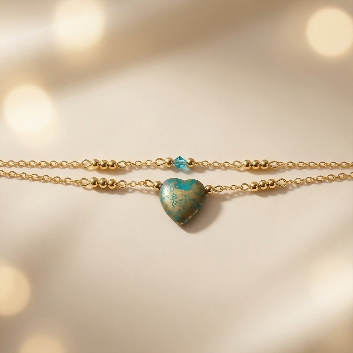 Dainty Gold Turquoise Heart Bracelet - Czech Glass & Swarovski Crystal