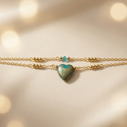 Dainty Gold Turquoise Heart Bracelet - Czech Glass & Swarovski Crystal