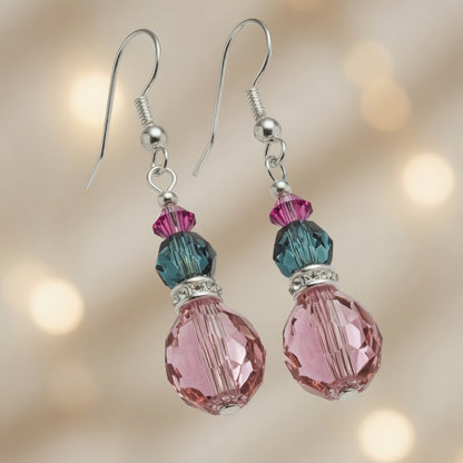 Pink Teal Crystal Drop Czech Glass & Swarovski Crystal Dangle Earrings