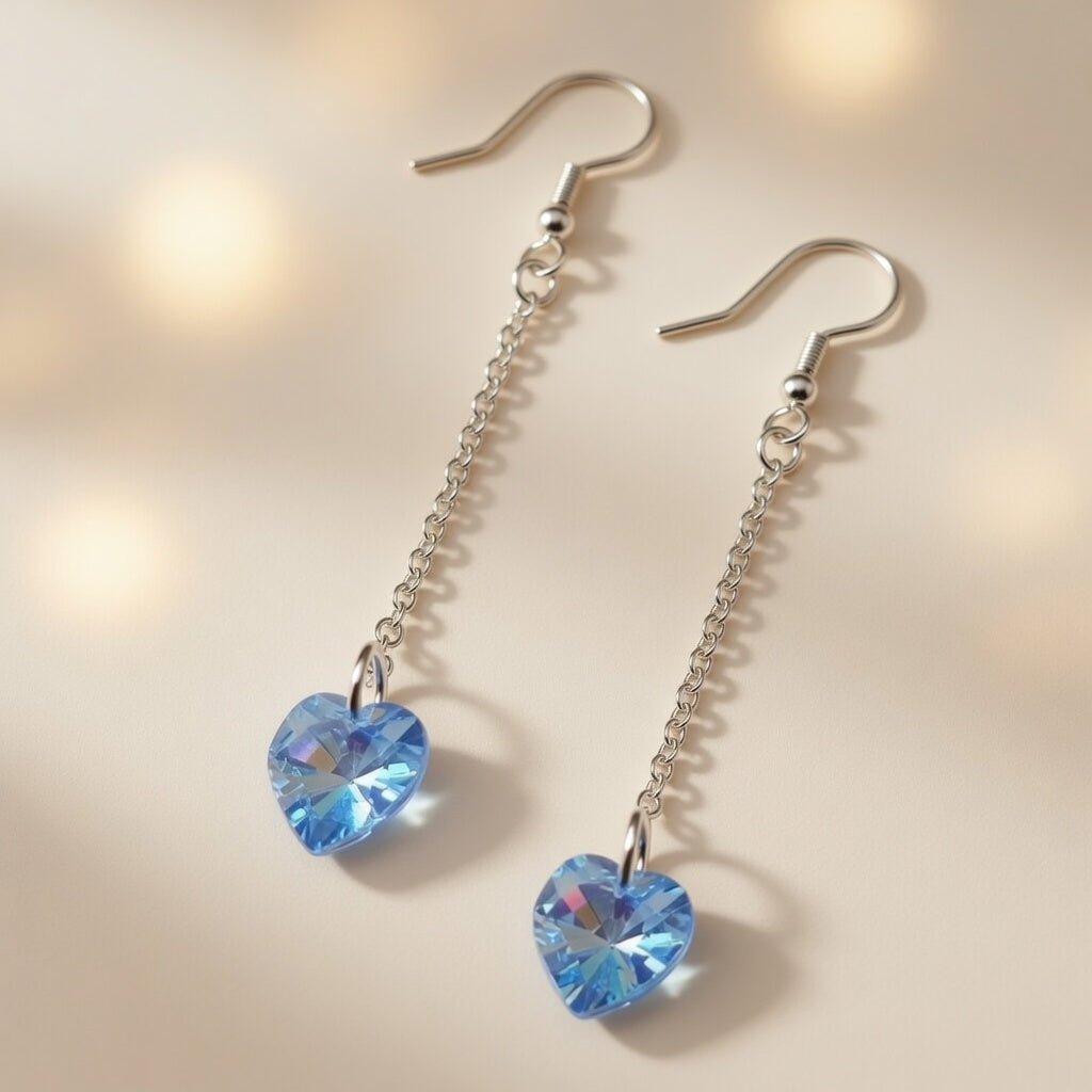 Swarovski Crystal Blue Heart Long Dangle Azure Flight Drop Earrings
