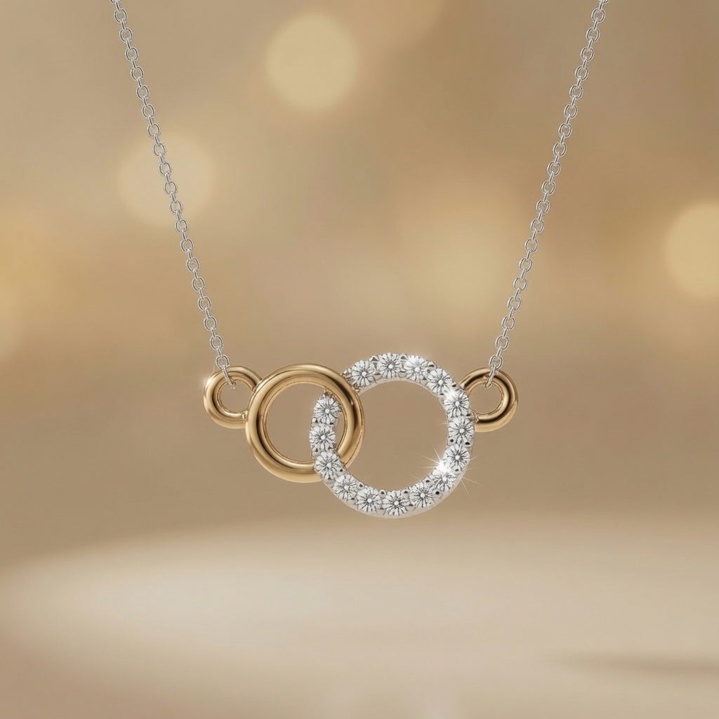 Gold Linked Circles Golden Interlock Radiance Necklace Czech Glass Crystal Pavé Pendant