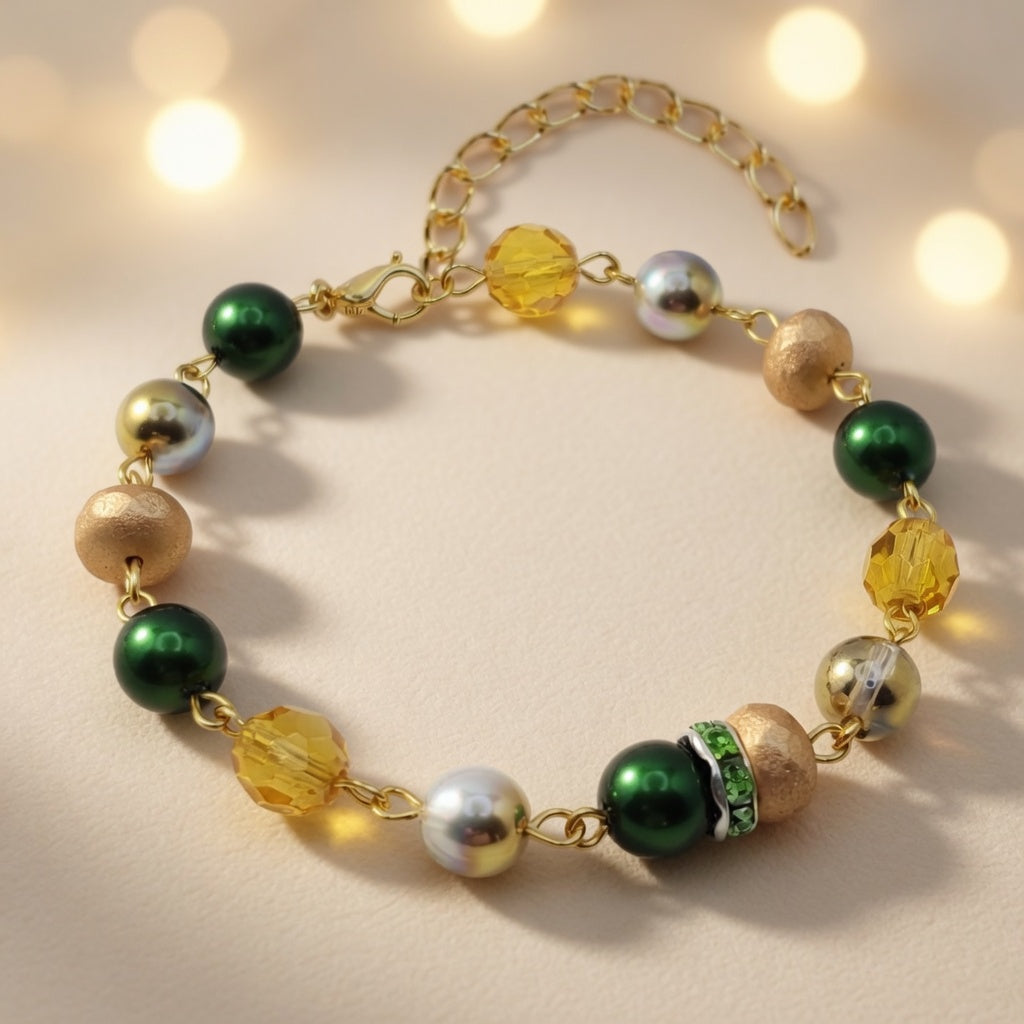 Bohemian Emerald Amber Czech Glass Bead Bracelet