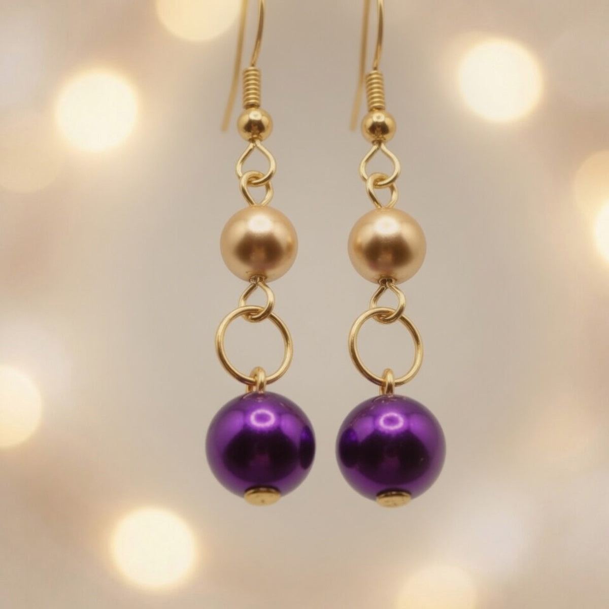 Czech Glass  Purple Gold Pearl Dangle Earrings