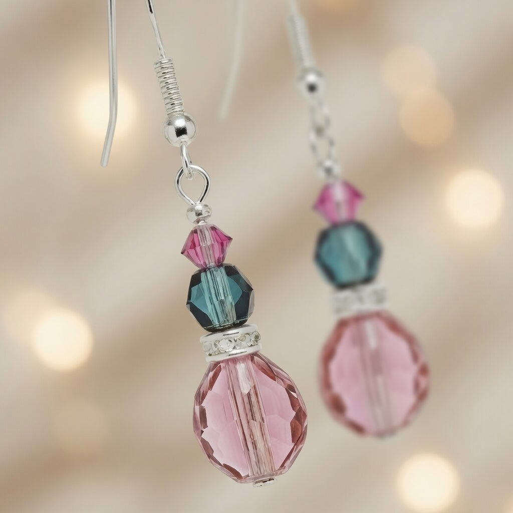 Pink Teal Crystal Drop Czech Glass & Swarovski Crystal Dangle Earrings