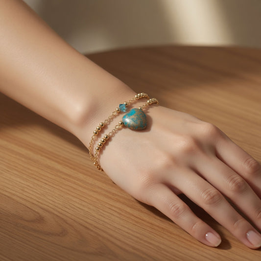 Dainty Gold Turquoise Heart Bracelet - Czech Glass & Swarovski Crystal