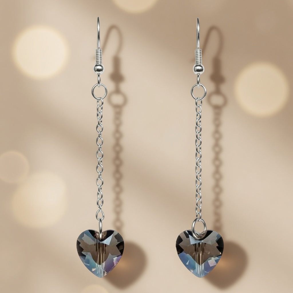Swarovski Crystal Heart Smoky Twilight Dangling Earrings